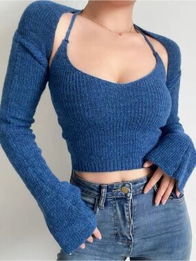 Blue Knit 2 Piece Halter Top & Bolero Set XS S